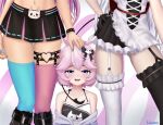  3girls apron bow breasts dress drooling girl_sandwich hand_on_another&#039;s_head highres maid maid_apron maid_headdress mismatched_legwear multiple_girls nyatasha_nyanners pink_hair purple_eyes sandwiched short_dress short_hair silvervale small_breasts vei_(vtuber) vshojo waabins 