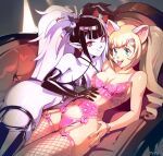  2girls animal_ears aqua_eyes bangs black_gloves black_hair blonde_hair breasts character_request couch cowboy_shot draculita earrings elbow_gloves eyeball_hair_ornament fishnet_legwear fishnets gloves hair_ornament hairclip indie_virtual_youtuber jewelry long_hair lying medium_breasts multicolored_hair multiple_girls on_back on_side open_mouth optionaltypo pale_skin pink_eyes pointy_ears real_life sidelocks signature smile thighhighs tongue tongue_out twintails two-tone_hair virtual_youtuber white_hair 