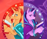  absurd_res book bust_portrait cape clothing duo equid equine eye_contact eyewear female feral friendship_is_magic glasses hi_res horn looking_at_another looking_back male mammal my_little_pony portrait reallycoykoifish smile star starlight_glimmer_(mlp) sun sunburst_(mlp) unicorn 