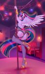  2021 absurd_res anthro blush breasts butt clothing dancing detailed_background digital_media_(artwork) equid equine eyelashes female fingers footwear friendship_is_magic genitals hasbro hi_res horn legwear mammal my_little_pony pole pole_dancing pussy smile solo text twilight_sparkle_(mlp) url winged_unicorn wings xjenn9 