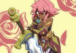  .hack// 1girl armor bare_shoulders bikini_armor black_rose_(.hack//) breasts closed_mouth dark_skin dark_skinned_female facial_mark hiseki_(tknkkm) looking_at_viewer medium_breasts open_mouth pink_hair red_eyes short_hair smile solo sword tattoo weapon 