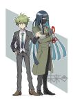  2boys alternate_costume amami_rantarou antenna_hair bandaged_hands bandages black_hair black_pants brown_coat brown_footwear brown_jacket brown_neckwear brown_pants coat collared_shirt danganronpa_(series) danganronpa_v3:_killing_harmony formal full_body green_eyes green_hair grey_background hand_up highres holding jacket jewelry kumakoro_(tetsupag) long_hair male_focus mask mouth_mask multiple_boys necktie pants ring rope shinguuji_korekiyo shirt shoes smile trench_coat white_background white_shirt 