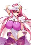 1girl absurdres arm_behind_back arm_up breasts closed_mouth commentary_request covered_navel cowboy_shot ddg160 elbow_gloves floating_hair gloves gold_trim gundam gundam_seed gundam_seed_destiny hair_between_eyes hair_ornament highleg highleg_leotard highres large_breasts leotard light_blush long_hair looking_at_viewer meer_campbell multicolored_leotard pink_hair pink_leotard purple_eyes see-through_clothes shiny_clothes simple_background smile solo split_mouth standing star_(symbol) star_hair_ornament sweat twitter_username two-tone_leotard v very_long_hair white_background white_gloves white_leotard 