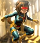  1girl animal_ears backlighting bangs blue_bodysuit blurry bodysuit boots braid breasts brown_hair clenched_hands cosplay cyclops_(x-men) cyclops_(x-men)_(cosplay) dog_ears dog_girl dog_tail expressionless feet_out_of_frame fighting_stance gloves glowing hat hololive infi inugami_korone marvel medium_breasts side_braids solo tail thigh_strap thighs twin_braids virtual_youtuber visor x-men yellow_footwear yellow_gloves 