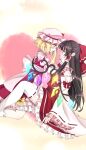  2girls absurdres ascot blonde_hair blush bow brown_hair commentary_request crystal crystal_wings detached_sleeves flandre_scarlet frilled_bow frilled_hair_tubes frills hair_bow hair_tubes hakurei_reimu hands_on_another&#039;s_cheeks hands_on_another&#039;s_face hat highres long_hair mito_(fate) mob_cap multicolored_wings multiple_girls pointy_ears puffy_short_sleeves puffy_sleeves red_bow red_eyes red_skirt red_vest ribbon-trimmed_sleeves ribbon-trimmed_thighhighs ribbon_trim short_sleeves side_ponytail skirt skirt_set thighhighs touhou very_long_hair vest white_thighhighs wings yellow_ascot yuri 