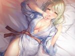  bed blonde_hair blush braids japanese_clothes long_hair nametakenoko no_bra original yellow_eyes yukata 