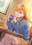  1girl :3 blue_jacket brown_shorts cafe chair coffee_mug cup dust_particles hayaoki_(asagi-iro_seishun-bu) highres hood hooded_jacket indoors jacket lamp light_blush long_hair long_sleeves looking_at_viewer love_live! love_live!_superstar!! mug orange_hair picture_frame purple_eyes restaurant shibuya_kanon shorts sitting smile solo stuffed_animal stuffed_toy table 