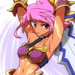  .hack// 1girl armor armpits bare_shoulders bikini_armor black_rose_(.hack//) breasts choker cleavage dark_skin dark_skinned_female facial_mark groin hiseki_(tknkkm) looking_at_viewer lowres midriff navel open_mouth pink_hair red_eyes short_hair solo sword tattoo weapon 