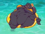  anthro big_breasts bikini black_body black_fur black_nose breasts canid canine canis clothing domestic_dog female food fur huge_breasts hyper hyper_breasts mammal milkmeats obese obese_anthro obese_female overweight overweight_anthro overweight_female poodle pool_toy popsicle solo swimwear water 