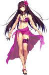  1girl bad_link beach bikini bikini_skirt bracelet breasts cleavage dagger fate/grand_order fate_(series) feet flower hair_flower hair_ornament hibiscus highres jewelry koyama_hirokazu long_hair looking_at_viewer medium_breasts navel outdoors purple_hair purple_sarong red_eyes red_flower sandals sarong scathach_(fate)_(all) scathach_(swimsuit_assassin)_(fate) see-through skirt_hold solo swimsuit weapon 