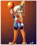  3_toes 5_fingers acuwacu anthro basketball blonde_hair blue_eyes breasts clothed clothing feet female fingers fur gloves hair half-closed_eyes handwear hi_res lagomorph leporid lola_bunny looking_at_viewer looney_tunes mammal narrowed_eyes rabbit small_breasts smile solo space_jam standing teeth thick_thighs toes warner_brothers wide_hips 