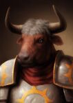  2021 anthro armor bovid bovine brown_body brown_eyes brown_fur cattle clothed clothing digital_media_(artwork) fur grey_hair hair headshot_portrait horn irbeus male mammal portrait scar solo 