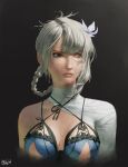  1girl bandaged_arm bandaged_neck bandages breasts brown_eyes cleavage cropped_torso english_commentary expressionless flower grey_hair hair_behind_ear hair_flower hair_ornament hair_rings kaine_(nier) lingerie looking_to_the_side medium_breasts negligee nier nier_(series) nose ozkh realistic signature solo underwear upper_body white_flower 