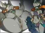 anthro anus areola big_breasts breasts butt censored clothed clothing erect_nipples eyelashes female fur genitals glistening glistening_breasts glistening_butt glistening_thighs grey_body grey_fur hair mammal mineru nintendo nipple_outline nipples pochincoff pussy tears_of_the_kingdom the_legend_of_zelda thick_thighs white_hair zonai