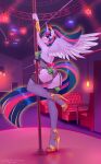  2021 absurd_res anthro blush breasts butt clothing dancing detailed_background digital_media_(artwork) equid equine eyelashes female fingers footwear friendship_is_magic genitals hasbro hi_res horn legwear mammal money my_little_pony pole pole_dancing pussy smile solo text twilight_sparkle_(mlp) url winged_unicorn wings xjenn9 