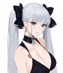  1girl black_bow black_dress blue_eyes bow breasts cleavage closed_mouth copyright_request crescent crescent_earrings dress earrings from_side hair_bow highres jewelry large_breasts long_hair looking_at_viewer oyabuli solo twintails upper_body white_hair 