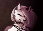  2019 absurd_res angry aninnocentdemon anthro black_nose canid canid_demon chest_tuft collar demon eyebrow_piercing facial_piercing fur grey_body grey_fur hair head_tuft hellhound helluva_boss hi_res inner_ear_fluff long_hair looking_at_viewer loona_(vivzmind) mammal multicolored_body multicolored_fur notched_ear piercing red_sclera sharp_teeth spiked_collar spikes teeth tuft white_body white_eyes white_fur white_hair 