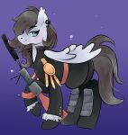  blush clothing ear_piercing equid equine female feral folded_wings gun hasbro looking_back mammal military_uniform my_little_pony pegasus piercing ranged_weapon reallycoykoifish rifle side_view simple_background smile solo uniform weapon wings 