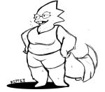  after_exercise alphys anthro astralkettei barefoot big_breasts big_tail black_and_white bodily_fluids bottomwear breasts buckteeth chubby_anthro chubby_female cleavage clothed clothing english_text eyewear feet female front_view fully_clothed glasses hands_on_hips lizard monochrome non-mammal_breasts open_mouth open_smile reptile scalie shirt shorts signature simple_background slightly_chubby smile solo standing sweat tank_top teeth text thick_tail thick_thighs topwear towel undertale video_games wide_hips 