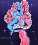  anthro butt_pose carrying clothing dragon ear_piercing earth_pony equid equine female hair hasbro hi_res horse looking_back mammal my_little_pony on_shoulders pet piercing pony ponytail pose reallycoykoifish reallycoykoifish_(character) rear_view solo sparkles 