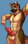  animal_genitalia animal_penis anthro balls canid canine canine_penis canis domestic_dog erection genitals german_shepherd herding_dog hi_res knot looking_at_viewer male mammal nipples pastoral_dog pecs penis simple_background solo torias 