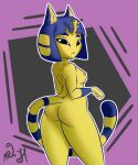  4_fingers acuwacu animal_crossing ankha_(animal_crossing) anthro big_butt blue_hair breasts butt convenient_censorship domestic_cat egyptian felid feline felis female fingers fur hair hi_res looking_at_viewer looking_back mammal medium_breasts narrowed_eyes nintendo nipples rear_view solo standing thick_thighs uraeus video_games wide_hips yellow_body yellow_fur 