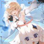  2girls ;d absurdres animal_ears armpits bare_shoulders blonde_hair blue_eyes blue_sky breasts cleavage cloud cloudy_sky dress fairy fingerless_gloves flower genshin_impact gloves hair_flower hair_ornament halo highres looking_at_viewer lumine_(genshin_impact) mujizi multiple_girls one_eye_closed open_mouth paimon_(genshin_impact) photobomb rabbit_ears rainbow recording sky smile water white_dress white_hair 