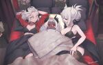  3girls bed black_bra black_legwear bra breasts cleavage closed_mouth demon_girl helltaker highres judgement_(helltaker) justice_(helltaker) looking_at_another lucifer_(helltaker) lying medium_breasts multiple_girls noaharbre on_back on_bed red_eyes short_hair smile thighhighs twitter_username underwear white_eyes white_hair 