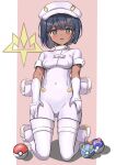  1girl absurdres aether_foundation_employee aether_foundation_uniform beast_ball black_hair blush breasts commentary_request covered_navel full_body gloves grey_eyes hat highres kneeling logo looking_at_viewer master_ball open_mouth overalls pantyhose poke_ball poke_ball_(basic) pokemon pokemon_sm shoes short_hair short_sleeves smile solo white_footwear white_gloves white_hat white_overalls white_pantyhose yumo_(millfievi) 