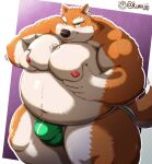  2021 absurd_res anthro belly big_belly brown_body brown_fur bulge canid canine canis clothing domestic_dog fur genital_outline hi_res humanoid_hands jockstrap kemono kumajjjj male mammal moobs nipples obese obese_anthro obese_male overweight overweight_anthro overweight_male penis_outline solo underwear 