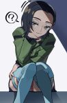  1girl ? black_hair black_skirt blue_eyes blue_eyeshadow blue_footwear boots closed_mouth commentary comoli_harcourt eyelashes eyeshadow feet_out_of_frame forehead green_jacket gundam gundam_gquuuuuux hand_on_own_chin head_rest highres jacket knees_together_feet_apart long_sleeves looking_at_viewer makeup miniskirt mole mole_under_eye multicolored_eyes orange_panties panties pantyshot parted_bangs shade short_hair simple_background sitting skirt smile smirk solo spoken_question_mark thigh_boots thigh_strap underwear white_background yamany yellow_eyes 