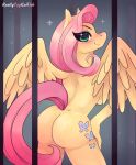  anthro bars breasts butt cage cutie_mark equid equine female fluttershy_(mlp) friendship_is_magic hi_res looking_at_viewer looking_back mammal my_little_pony nude pegasus raised_tail reallycoykoifish rear_view side_boob smile solo sparkling_eyes spread_wings wings 