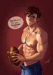  1boy abs alex_(stardew_valley) american_football_(object) artist_name ball blue_pants brown_hair cleft_chin commentary english_commentary english_text fingernails green_eyes highres holding holding_ball jewelry looking_at_viewer male_focus mocucumo muscular muscular_male necklace nipples open_fly pants pectorals pendant red_background shirtless short_hair smile solo speech_bubble stardew_valley symbol_commentary talking upper_body 