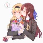  ! 2girls bag blonde_hair blush brown_hair closed_eyes commentary_request eyebrows_visible_through_hair flower gift hairband heart highres holding holding_bag holding_gift multiple_girls red_eyes rose saijou_claudine school_uniform seishou_music_academy_uniform shoujo_kageki_revue_starlight simple_background speech_bubble spoken_exclamation_mark spotlight_l tendou_maya white_background yuri 