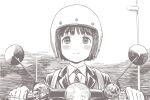  1girl blush brown_theme character_request closed_mouth collared_shirt dated dot_nose driving ground_vehicle helmet horikou jacket monochrome motor_vehicle motorcycle_helmet necktie scooter shirt short_hair signature smile solo super_cub upper_body wing_collar 