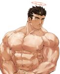  1boy abs asahi_(zabaniyan) bara blush completely_nude facial_hair fire halo head_out_of_frame highres large_pectorals looking_away male_focus muscular muscular_male nipples nude pectorals shiny shiny_skin solo stubble sweatdrop tokyo_houkago_summoners upper_body zabaniya_(tokyo_houkago_summoners) 