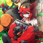  1girl against_tree ahoge armarouge ayo_(ayosanri009) blonde_hair boots charcadet closed_mouth collar collarbone commentary_request day drawing_(action) eyelashes falling_leaves freckles green_eyes holding holding_pencil leaf mela_(pokemon) multicolored_hair nail_polish orange_collar outdoors pencil pokemon pokemon_(creature) pokemon_sv red_footwear red_hair sitting smile thigh_boots torkoal tree two-tone_hair vest 