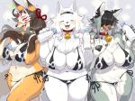  &lt;3 animal_print anthro bell bell_collar big_breasts black_hair blush bra breasts brown_body brown_fur brown_hair canid canine canis clothed clothing collar cow_costume cow_print domestic_dog eyes_closed female fox fur gloves_(marking) grey_body grey_fur group hair hair_over_eyes hi_res inazuma_(bebebebebe) kame_3 kemono mammal markings mask masked_fox_(kame_3) milk_bottle multicolored_body multicolored_fur neck_tuft nordic_sled_dog orange_body orange_fur panties samoyed simple_background slightly_chubby spitz tuft two_tone_body two_tone_fur underwear white_body white_fur white_hair wolf 