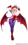  1girl bare_shoulders bat_wings black_wings blonde_hair blush_stickers boots closed_mouth collarbone cosplay crossover darkstalkers demon_girl full_body head_wings high_heel_boots high_heels highleg highleg_leotard highres laila_(queen&#039;s_blade) leotard lilith_(darkstalkers) official_art pantyhose purple_pantyhose queen&#039;s_blade queen&#039;s_blade_limit_break queen&#039;s_blade_rebellion red_boots red_eyes red_leotard short_hair simple_background solo white_background wings 