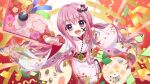  1girl :d arm_up asahi_hina black_sandals dice dot_nose egasumi facepaint film_grain floral_print floral_print_kimono from_above game_cg hagoita hair_ornament hane_(hanetsuki) hanetsuki holding holding_paddle izumi_tsubasu japanese_clothes kimono long_hair looking_at_viewer low_twintails new_year non-web_source obi official_art open_mouth paddle pink_eyes pink_hair pink_kimono pink_nails print_kimono re:stage! sandals sash sidelocks smile socks solo sparkle twintails white_socks 