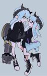  2girls arm_hug black_bow black_hairband black_jacket black_shoes black_shorts black_sweater blue_background blue_hair blunt_bangs bow bow_hairband commentary full_body green_eyes hair_bow hairband holding holding_weapon imaikuy0 inkling inkling_girl inkling_player_character jacket long_hair long_sleeves looking_at_another multiple_girls nautilus_(splatoon) pointy_ears purple_eyes shoes shorts sneakers splatoon_(series) splattershot_jr._(splatoon) sweater symbol-only_commentary tentacle_hair turtleneck turtleneck_sweater weapon zipper_pull_tab 