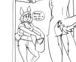  anthro butt cervid clothed clothing duo female fully_clothed hair lagomorph leporid long_hair male mammal midriff nude rabbit red_(topazknight) speech_bubble text topazknight uber_eats 