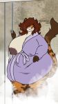  2021 anthro areola bathrobe big_breasts biped blush bodily_fluids breasts clothed clothing curvy_figure digital_drawing_(artwork) digital_media_(artwork) edith_(mexifurfoof) felid feline female fingers fur hair hi_res huge_breasts lactating looking_at_viewer mammal mature_female mexifurfoof nipples overweight overweight_female pantherine robe smile striped_body stripes thick_thighs tiger voluptuous wide_hips 