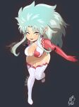  1girl big_hair breasts center_opening cleavage ear_clip earrings elbow_gloves english_commentary eyeliner eymbee full_body gloves green_hair jewelry lips lipstick long_hair looking_at_viewer makeup medium_breasts mismatched_gloves pointy_ears red_lips running ryouko_(tenchi_muyou!) solo tenchi_muyou! thighhighs thighs yellow_eyes 