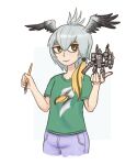  1girl animal_print armored_core armored_core_vi:_fires_of_rubicon bad_link bird_print blonde_hair drawfag green_shirt grey_hair hair_wings holding holding_paintbrush model multicolored_hair paintbrush shirt shoebill_(kemono_friends) simple_background smile solo standing t-shirt two-tone_hair white_background yellow_eyes 