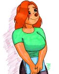  aaronhibiki anthro beauty_mark big_breasts black_eyes bottomwear breasts canid canine canis clothed clothing curvaceous curvy_figure denim denim_clothing disney domestic_dog female goof_troop hair holding_object huge_breasts jeans mammal one_eye_obstructed orange_hair pants red_hair roxanne_(goof_troop) solo tight_clothing voluptuous 