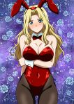  1girl absurdres animal_ear_hairband animal_ears ass_visible_through_thighs black_pantyhose blonde_hair blue_background blue_eyes bow bowtie breasts celes_chere cleavage covered_navel cowboy_shot detached_collar fake_animal_ears final_fantasy final_fantasy_vi floral_background hairband highres large_breasts leotard long_hair pantyhose playboy_bunny rabbit_ears red_bow red_bowtie red_leotard rose_background solo strapless strapless_leotard wrist_cuffs yuuyuu_(3jjbn) 