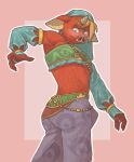  anthro blin_(tloz) blonde_hair blush bokoblin bulge butt civvil clothed clothing crossdressing embarrassed gerudo_outfit girly hair horn link male mammal midriff nails nintendo snout solo suina the_legend_of_zelda video_games 