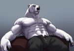  anthro biceps black_nose blue_eyes bottomwear chest_tuft claws clothing fur looking_at_viewer male mammal muscular muscular_anthro muscular_male pants polar_bear press simple_background sitting smile solo tuft unknown_artist ursid ursine white_body white_fur 