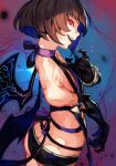  1boy ass bat_wings blazblue blazblue_variable_heart butt_crack cape choker claw_pose elbow_gloves fangs fuzzy_(blazblue) gloves hungry_clicker looking_at_viewer otoko_no_ko red_eyes ribbon_choker short_hair skin_tight sleeveless straight_hair vampire wings 